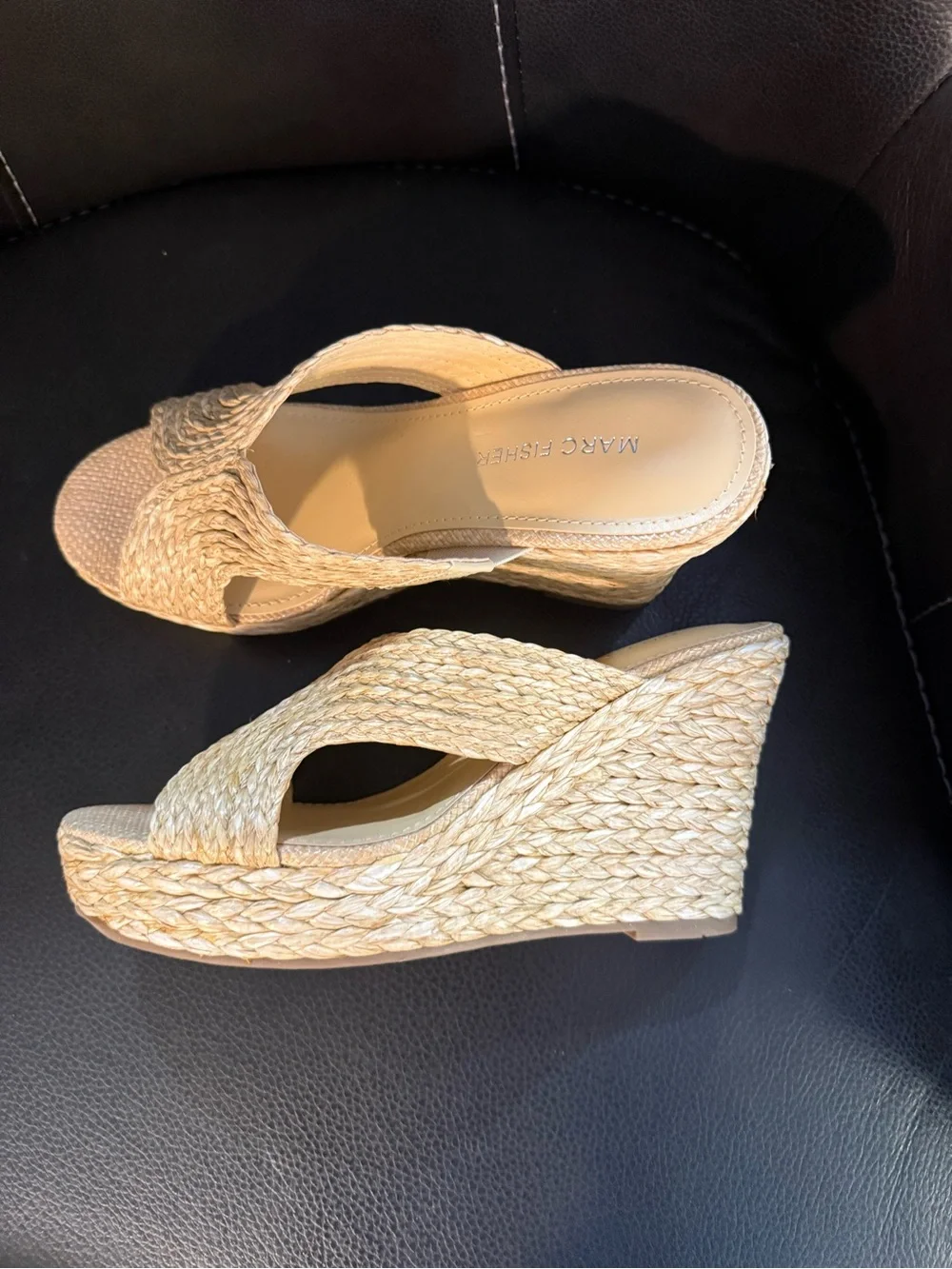 Marc Fisher Braided Straw Wedge Sandals in Natural